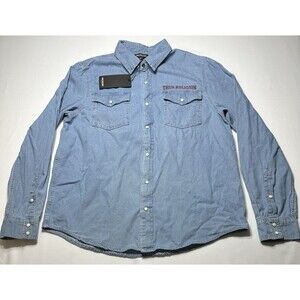 True Religion Long Sleeve Pearl Snap Button Shirt Men’s Large Blue Denim NWT New